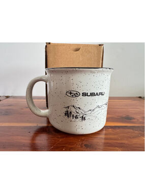 Subaru Campfire Mug White Speckled Ceramic Coffee Cup Mountain Scene